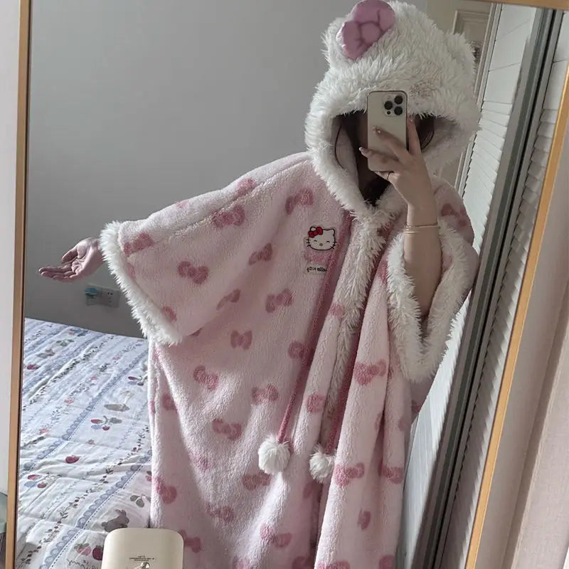 Visco Hooded Hello kitty Plush Robes Girls Cute Sanrio Anime Pajamas Blanket High Quality Casual Fleece Sleepwear Women Clothing