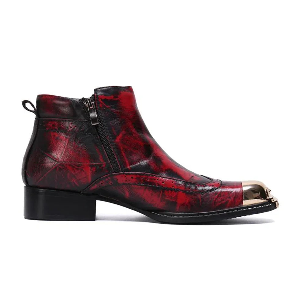 Visco Red Printing Wit Gold Metal Zipper Genuine Leather High Heels Pointed Toe Boots Male Plus Size Fashion Party Wedding Dress Shoes