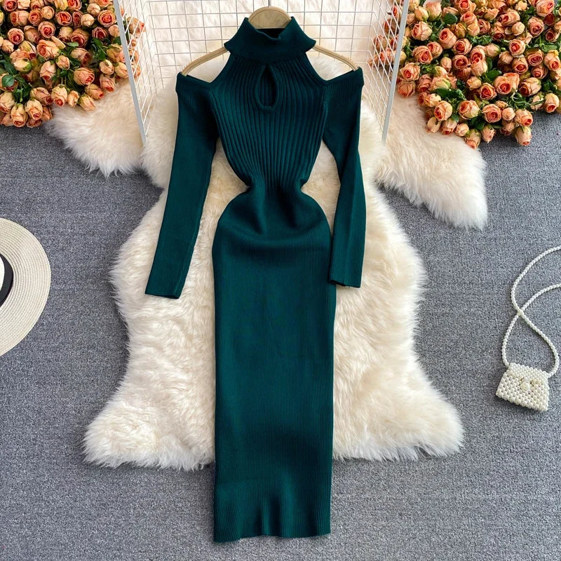 Amay Gagarich Woman Chic Knitting Dresses Autumn New Ins Stand-up Collar Tight-fitting Hollow Out Hip Strapless Stretch Vestidos