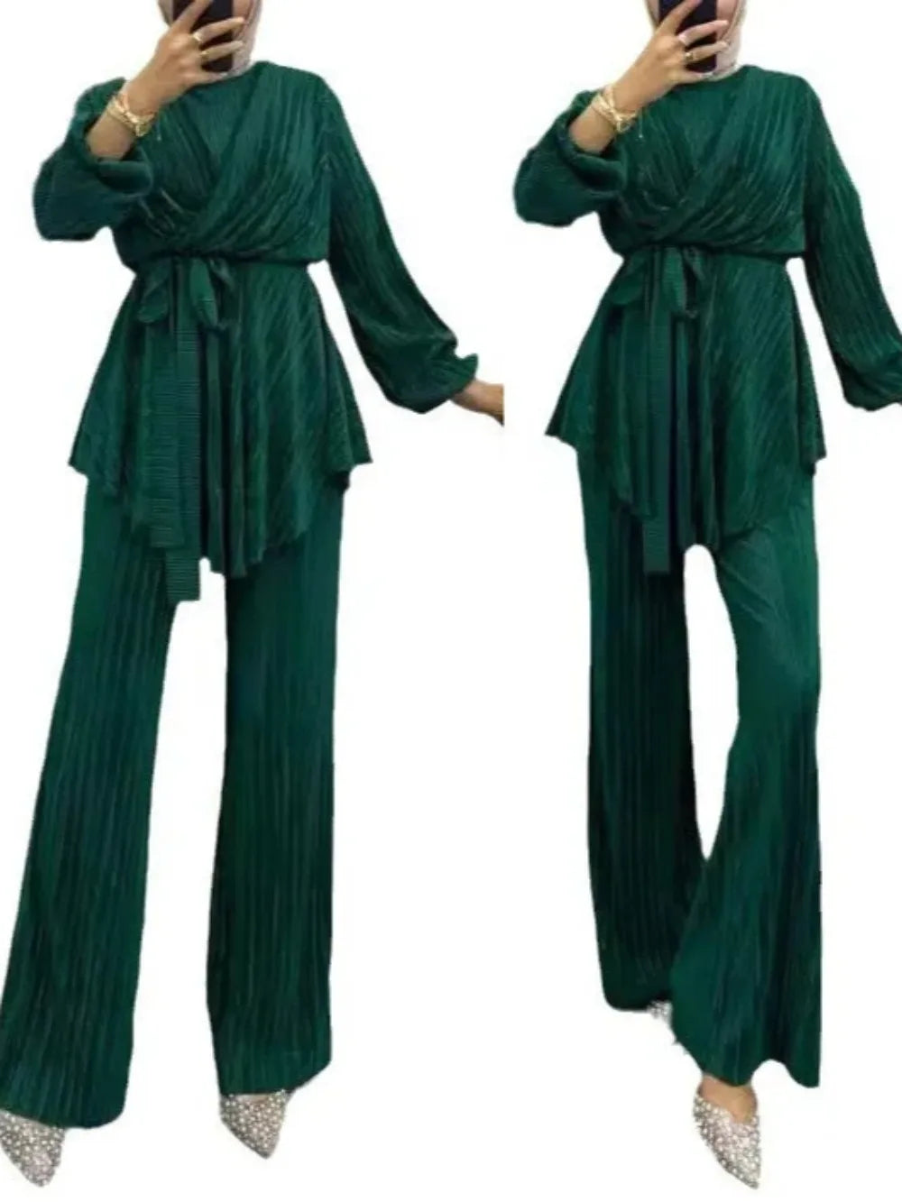 Two Piece Set Muslim Women Modest Top Wide Leg Pants Solid Suit Morocco Dubai Temperament Ensemble Arabic Elegant Outfits