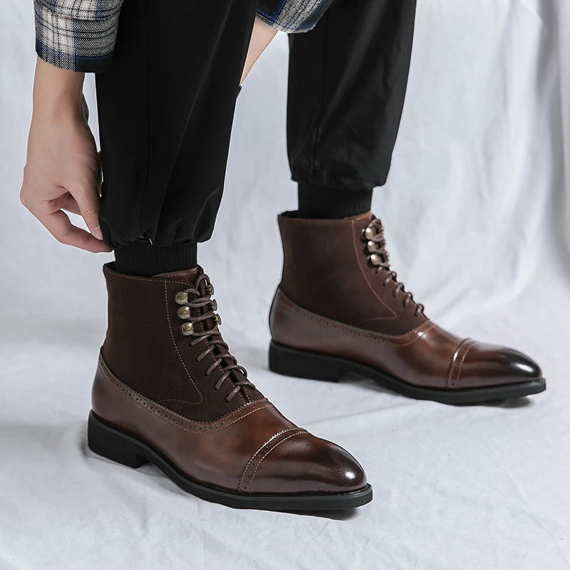 Amay Chelsea Men's Winter Dress Business Formal Casual Brogue Italian Designer Shoes Black Split Leather Ankle Boots Footwear For Men