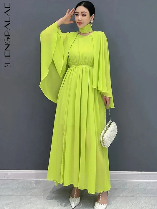 Babs Summer New Flare Sleeves Dress For Women Fashion Slimming Big Swing Chiffon Shawl Long Dresses Female Robe C1094