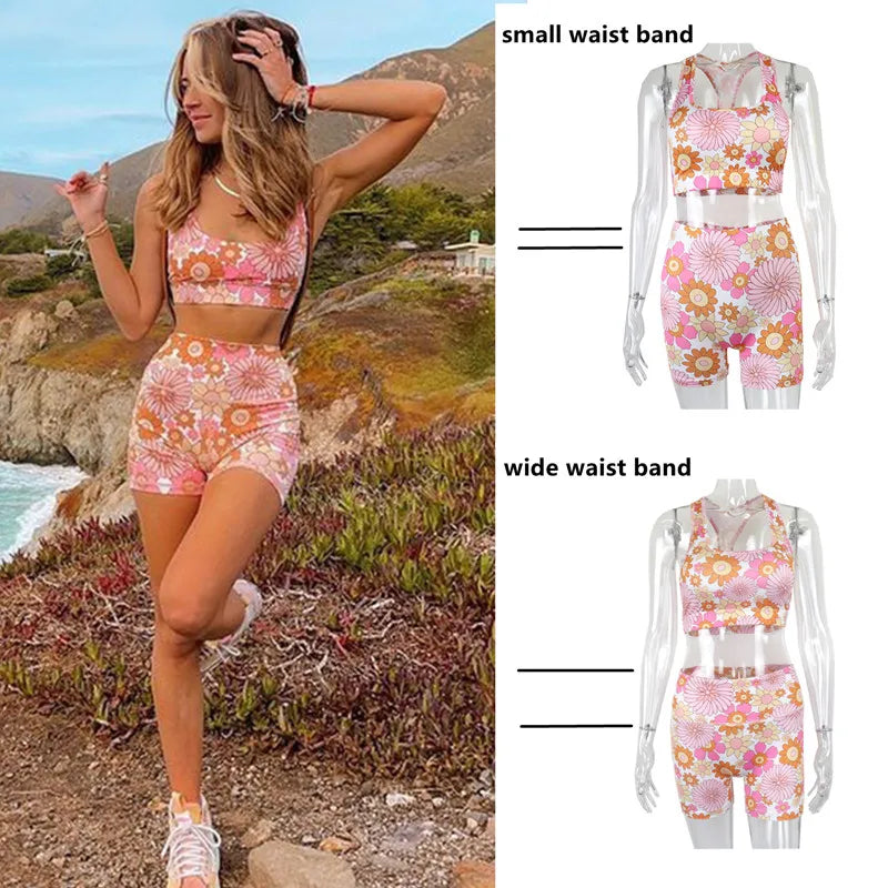 Vamos Todos Floral Print Outfits For Women Beach Outfit Two Piece Set Tracksuits Sport GYM Yoga Leggings Short Summer Pants