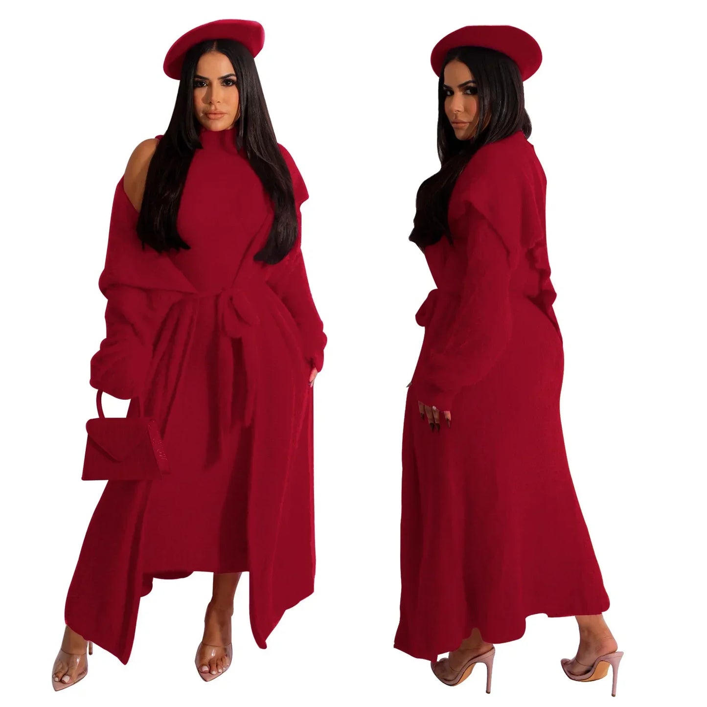 Maxy Women Dress Sets Two Piece Long Sleeve Round Neck Cardigan Solid Color Elastic Waist Casual Slim Fit Patchwork Autumn Belt