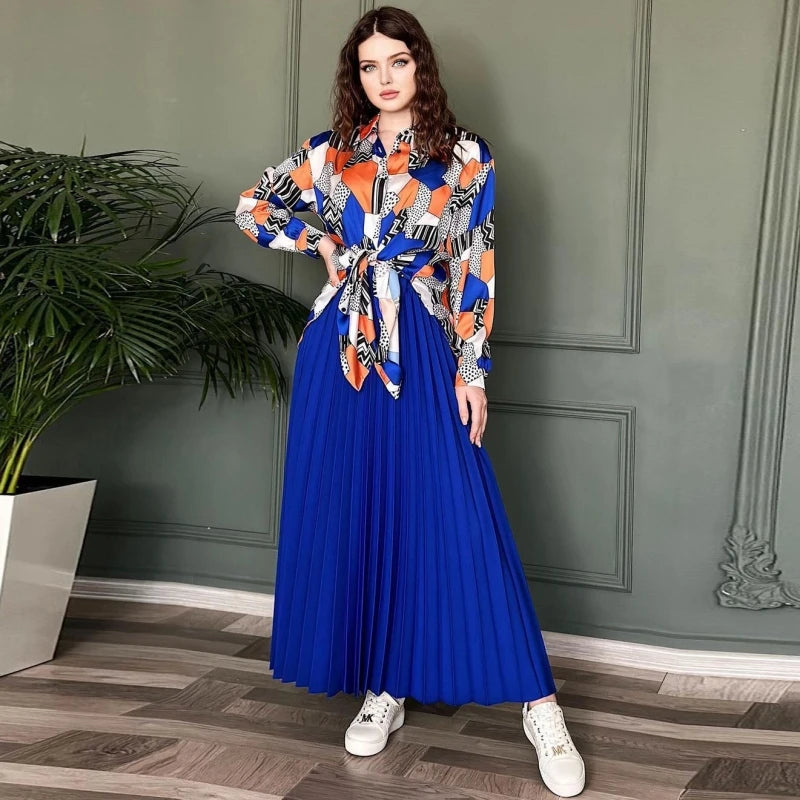 Amay Women Sets Two Piece Set Print Long Lantern Sleeve Top And Elegant Long Skirt High Streetwear Casual Beach Suit