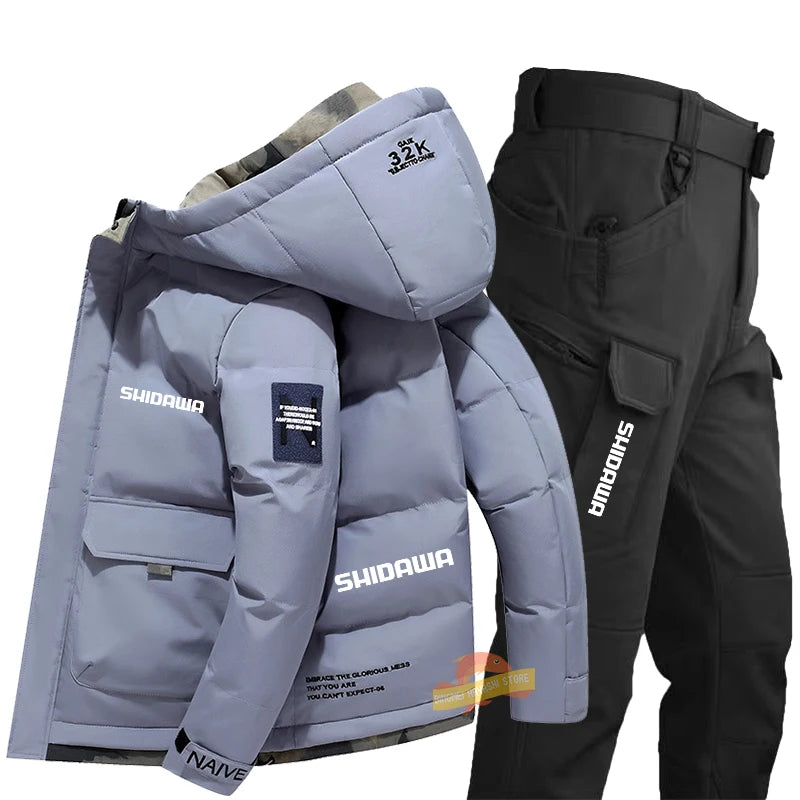 Maxy New Fishing Suit Men Winter Down Clothing Windproof and Coldproof Mountain Climbing Jacket + Waterproof Warm Pants Two-piece Set