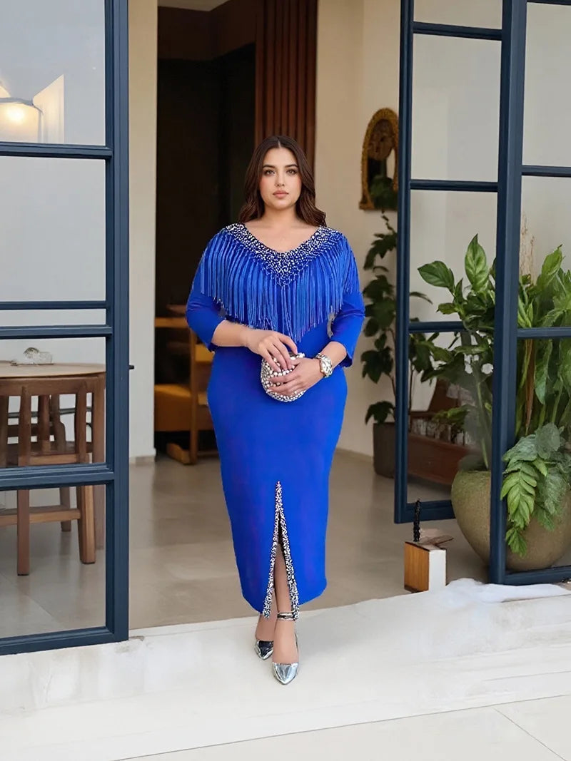 Amay Dresses for Women Luxury Plus Size Tassel Diamonds Bodycon Evening Dress Elegant Kaftan Dashiki Ankara Clothing