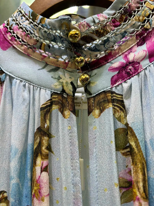 Amay Robe for Women New Spring Summer 100% Silk Hollow Out Flower Printed Stand Collar Waist Lace-up Casual Long Dress