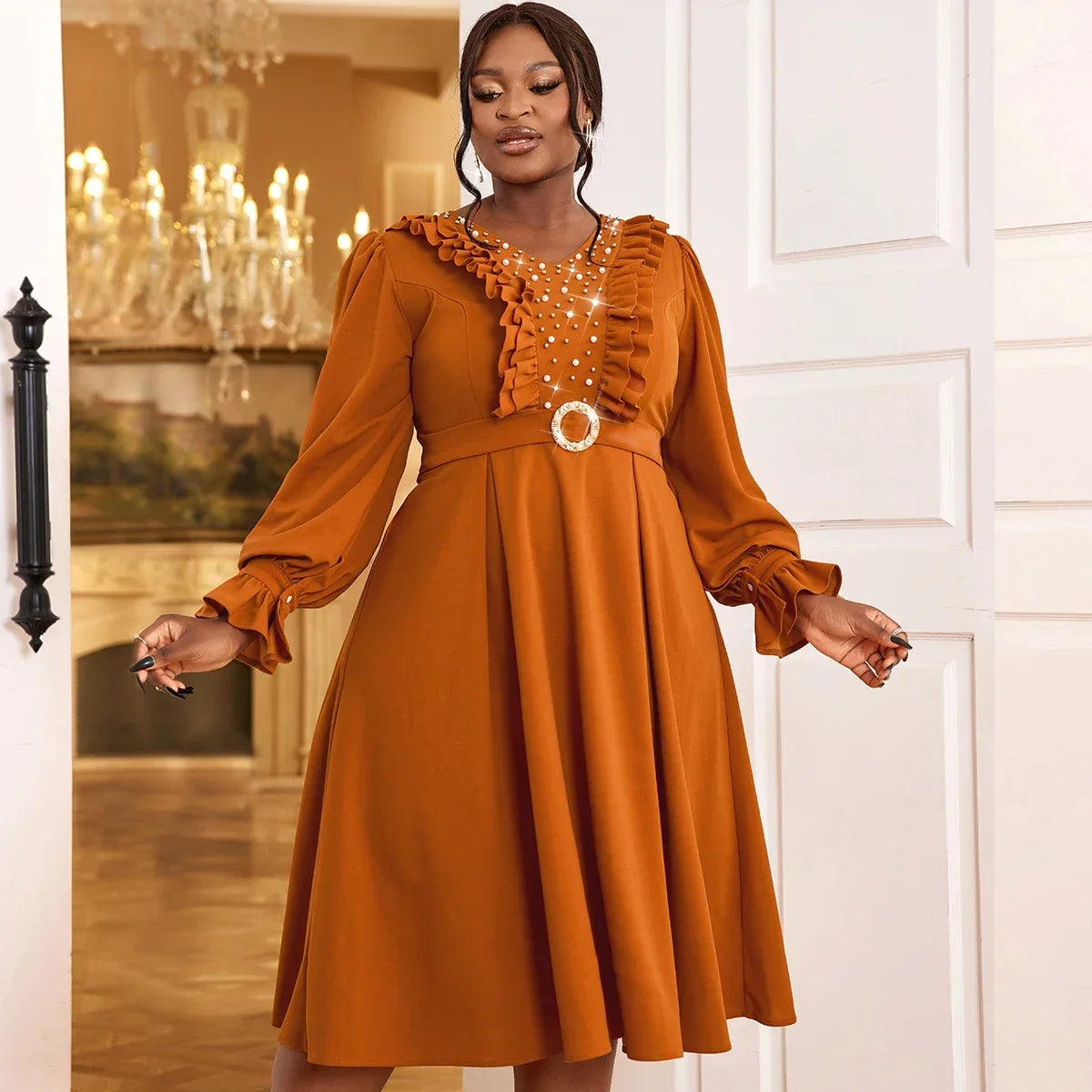 Amay Brown A Line Dresses for Women V Neck Nail Bead Ruffles Long Lantern Sleeve Midi Elegant Fashion Office Lady Daily Party Gowns