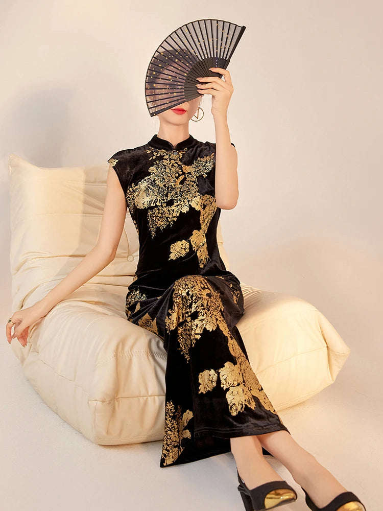 Maxy  Gold Floral Velvet Women Chinese Cheongsam Cap Sleeves Stand Collar Mermaid Long Qipao Dress Luxury Evening Party Gown