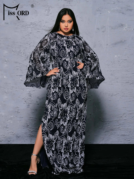 Momsey Plus Size 4XL Elegant Long Dress Women Summer Sequin Maxy Flare Sleeve Ruffled Loose Casual Robe Party Vestidos