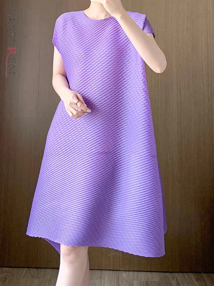 Maxy Irregular Pleated Dress Women O-neck Casual Solid Color Short Sleeves Mini Dresses Summer New Clothing 2AA5318