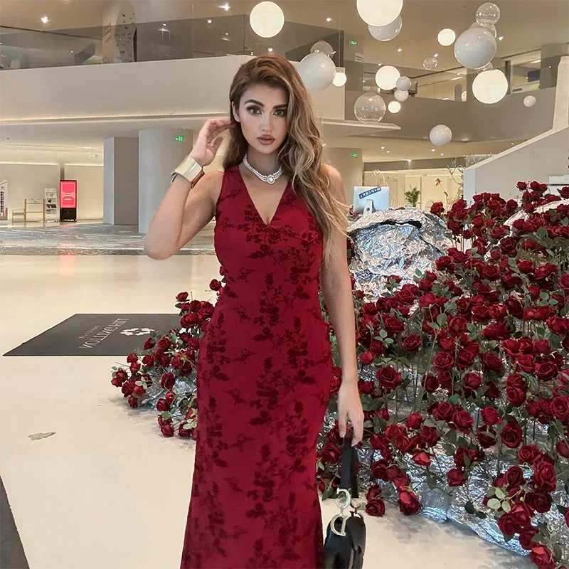 Maxy New Sleeveless Long Dress Women Summer rinted Deep v-neck Dress Femae Fashion Fora  Waist Slim Dresses