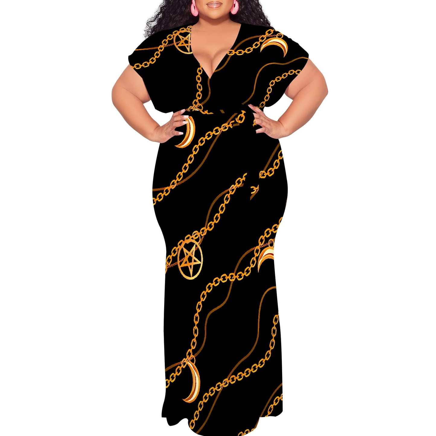 Maxy Plus Size Gothic Moon Chain Print V Neck Short Sleeve Maxy Dress for Halloween