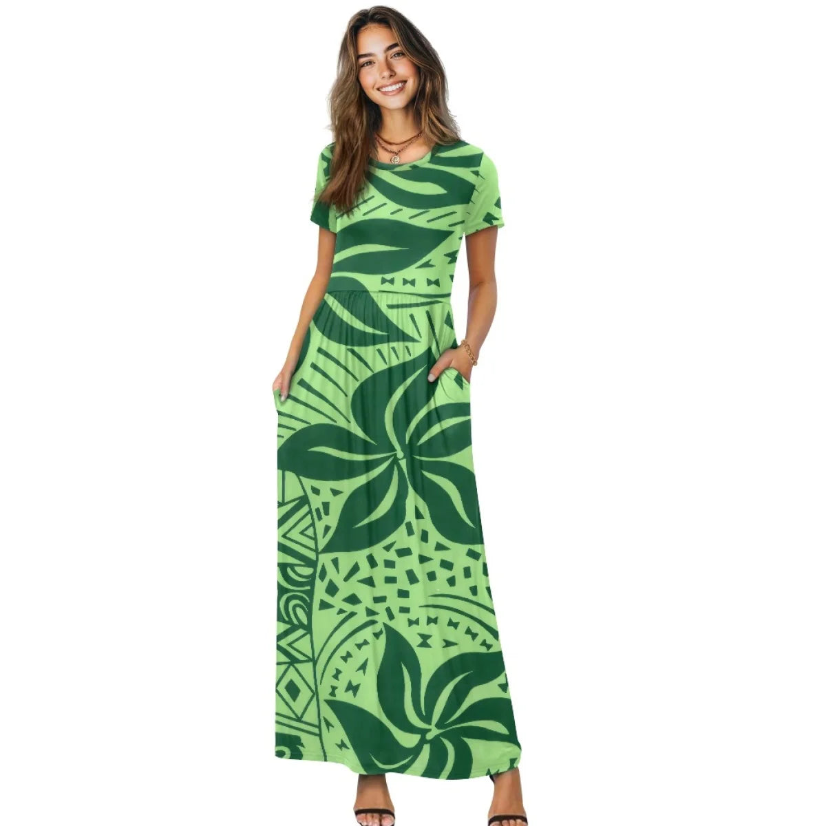 Maxy New Plumeria Style Short Sleeve Pleated Casual Dress Polynesian Loose Pocket Long Dress Women's Casual Comfortable