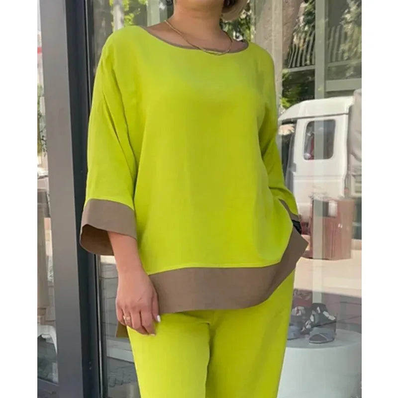 Maxy 2 Pcs/Set Women Top Pants Suit Three Quarter Sleeves Round Neck T-shirt High Wide Leg Trousers Casual Loose Blouse Pants Set