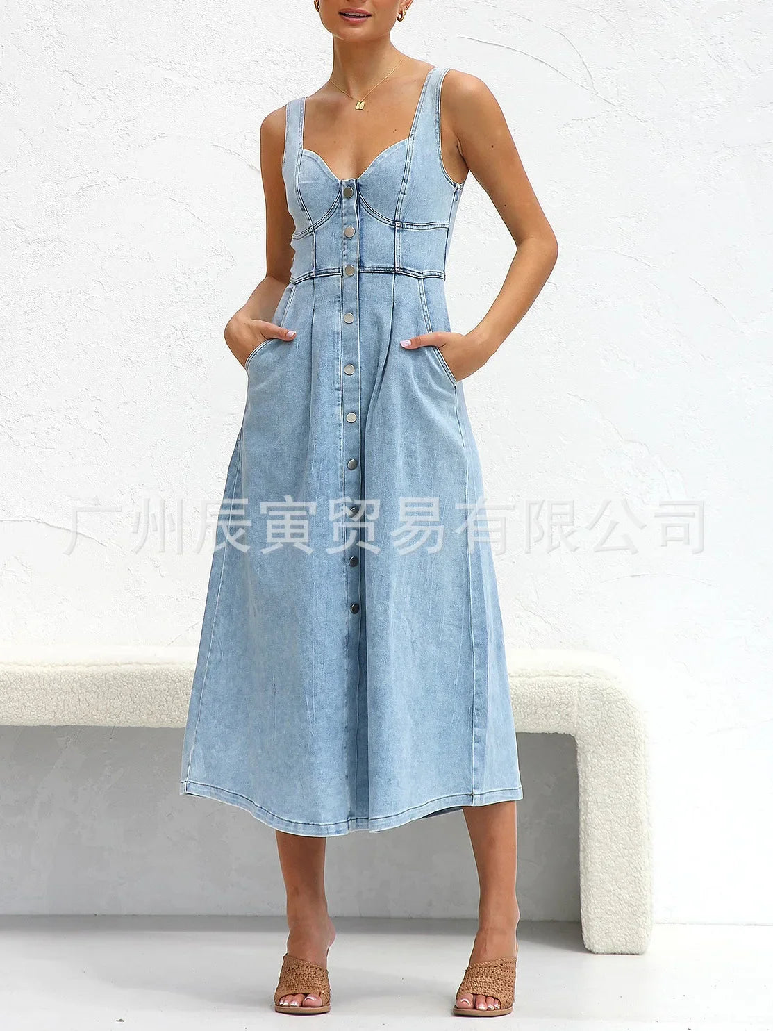Maxy Women Denim Dresses Long Dress Sling Sleeveless A Line Casual High Waist Maxy Elegant largos Summer Y2k Streetwear