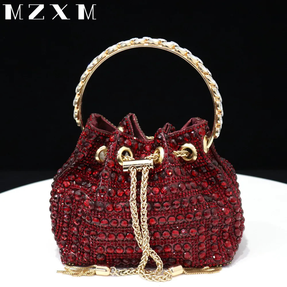 Maxy New Rhinestones Women Evening Bags Bucket Design Party Day Clutch Soft Mixed Color Shoulder Chain Handbags Purse