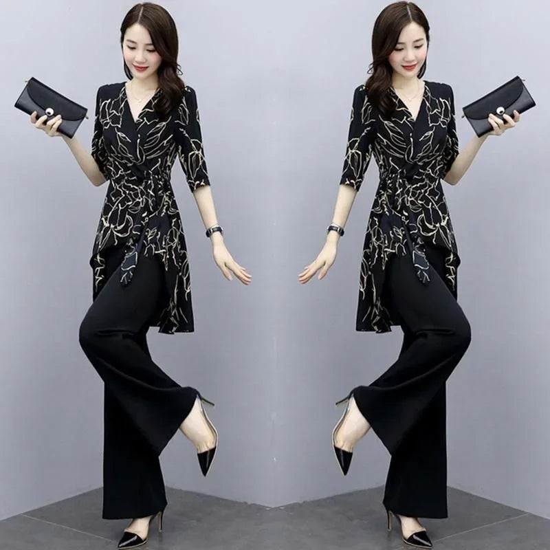 Maxy Women Two Piece Sets New Spring Summer Chiffon Print Top High Waist Wide Leg Pants Casual Fashion Suit Female Plus Size Clothing