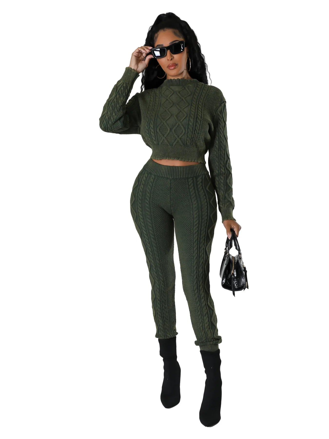 Women Tracksuit 2 Piece Outfits Winter Long Sleeve Stretch Knitted Crop Top And Pants Set Casual Two Piece Set Women Sweater Set