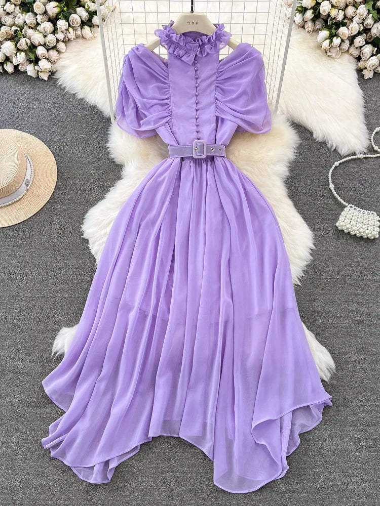 Amay Summer Women Red/Purple/Blue/Yellow Stand Collar Hollow Out Off Shoulder Chiffon Party Dress Vintage Short Sleeve Irregular Robe