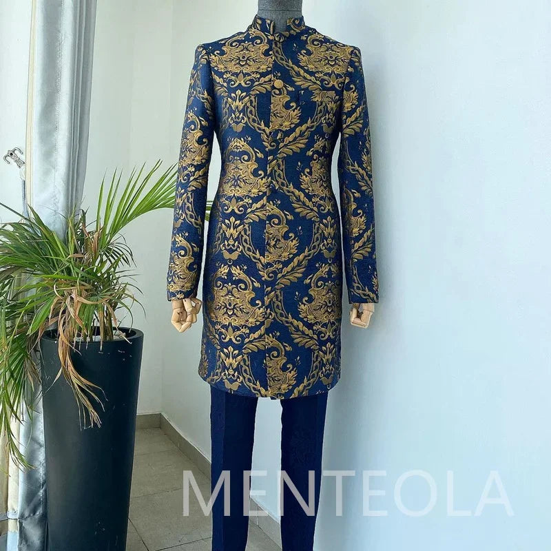 Visco Elegant Floral Suits for Men Jacquard Long Jacket Pants with Stand Collar 2 Piece Wedding Tuxedo For Grooms Indian Fashion