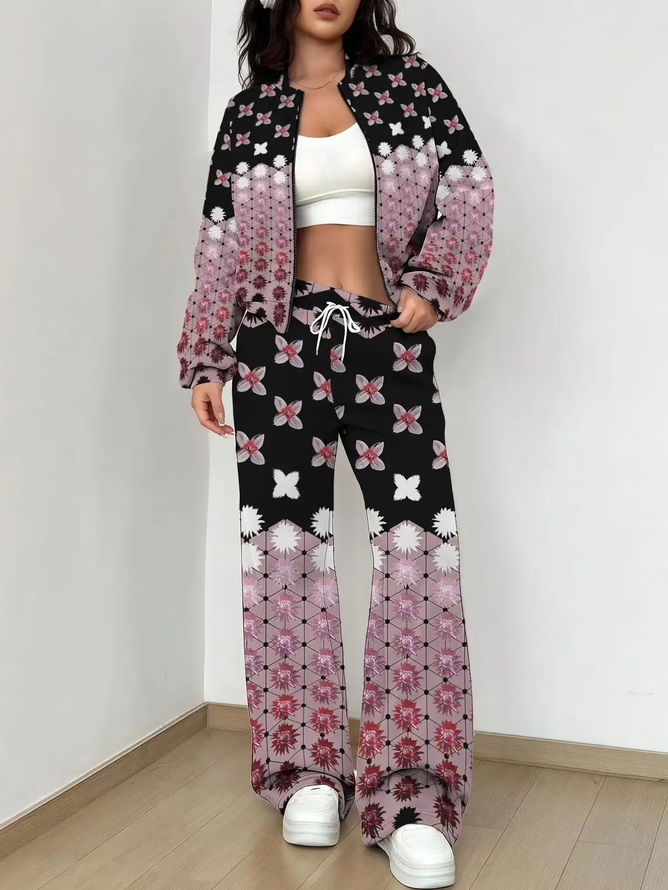 Maxy French Retro Floral Long Sleeved Zipper Jacket and Pants Set, Gentle and Stylish Two-piece Set
