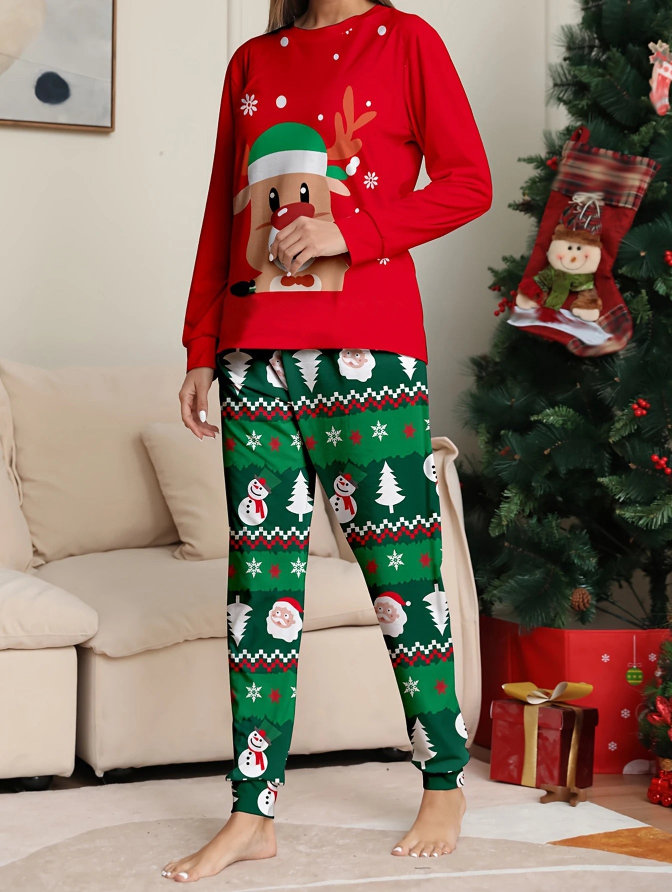 Women 2 Piece Pajamas Sets Christmas Print Long Sleeves Shirts and Elastic Pants for Loungewear Soft Sleepwear