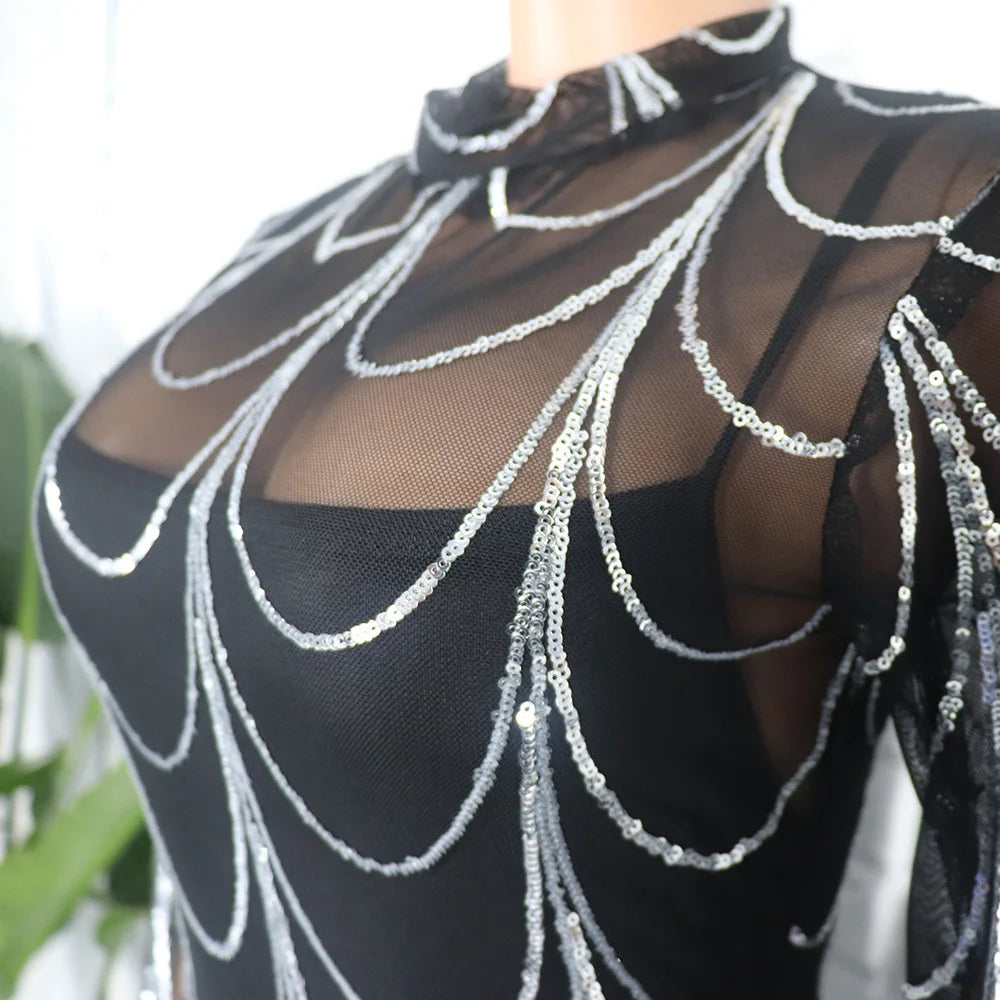 Maxy Sequins Party Dress Bandage Bodycon Maxy Robe Stand Collar Lone Sleeve Zipper Perspective Fishtail Long Dress African Clothes