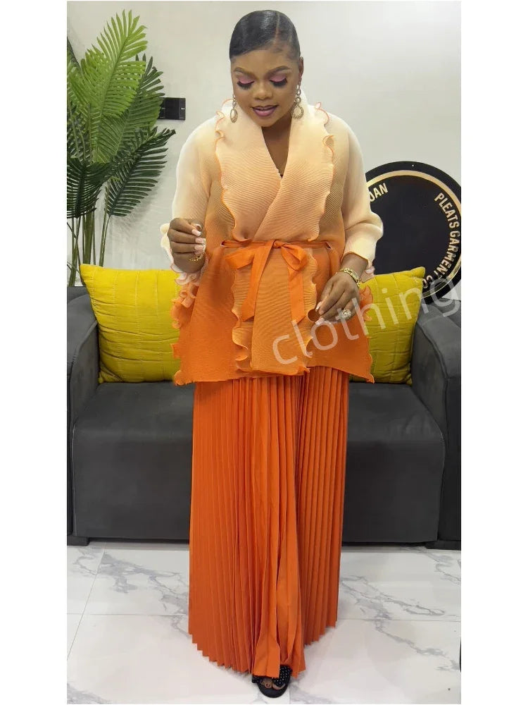 Amay Gradient Pleated Fashion 2 Piece Sets Belt Waist Batwing Sleeves Ruffles Tops A-line Long Dresses Elegant Party Set 32R1391