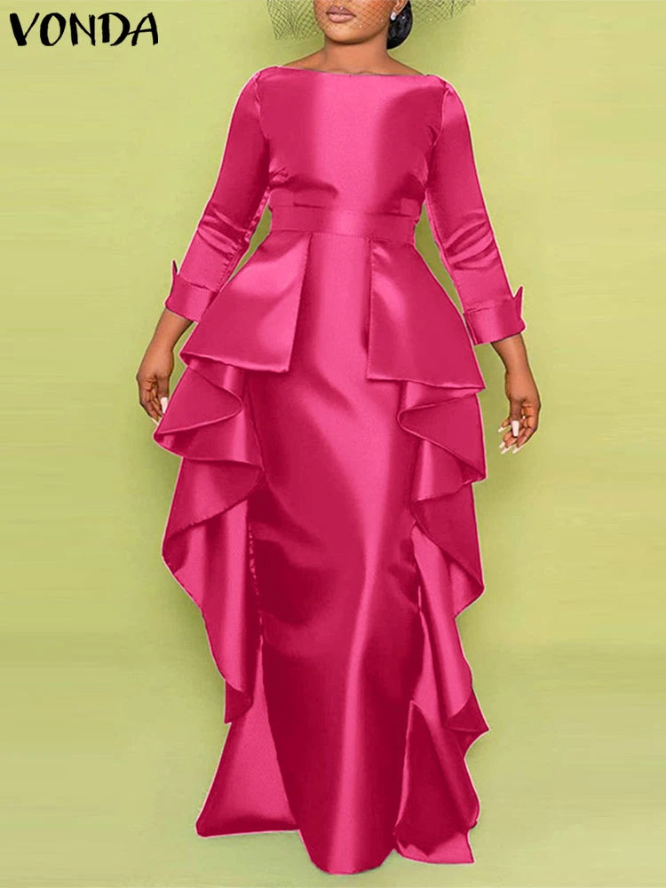 Maxy Plus Size 5XL Bohemian Long Dress Women Elegant Satin Dress Ruffle Sundress Casual Solid Color Robe