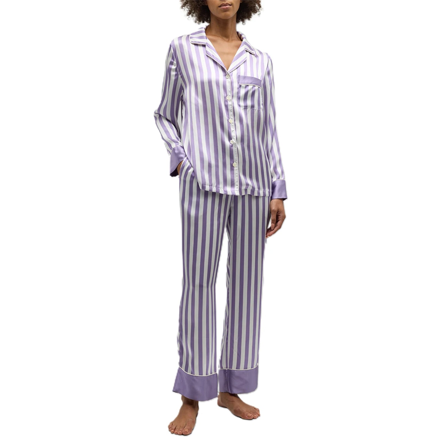 Women Striped Pajama Set Elegant Long Sleeve Top with Pants Sleepwear Loungewear