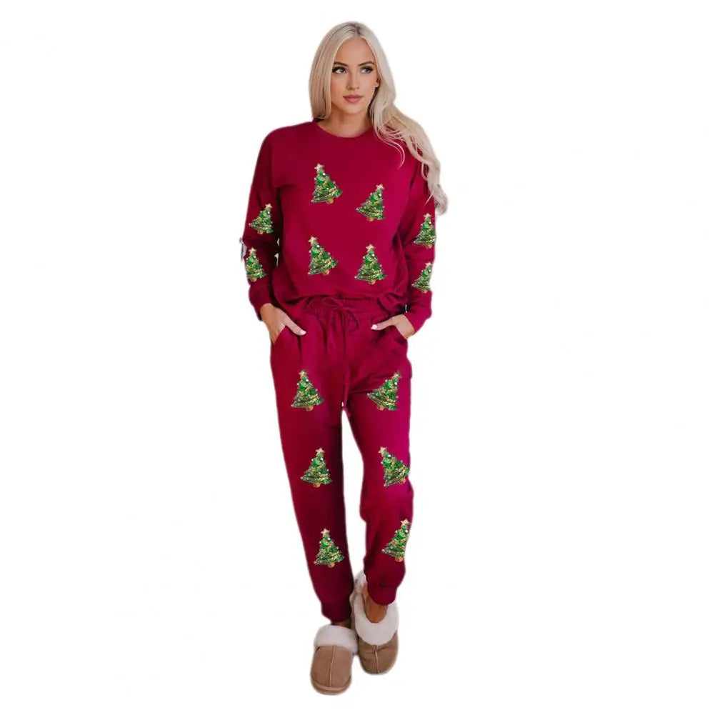 Maxy Women Christmas Suit Festive Holiday Pajama Set with Christmas Print Sequin Top Elastic Waist Pants for Women for New Year's