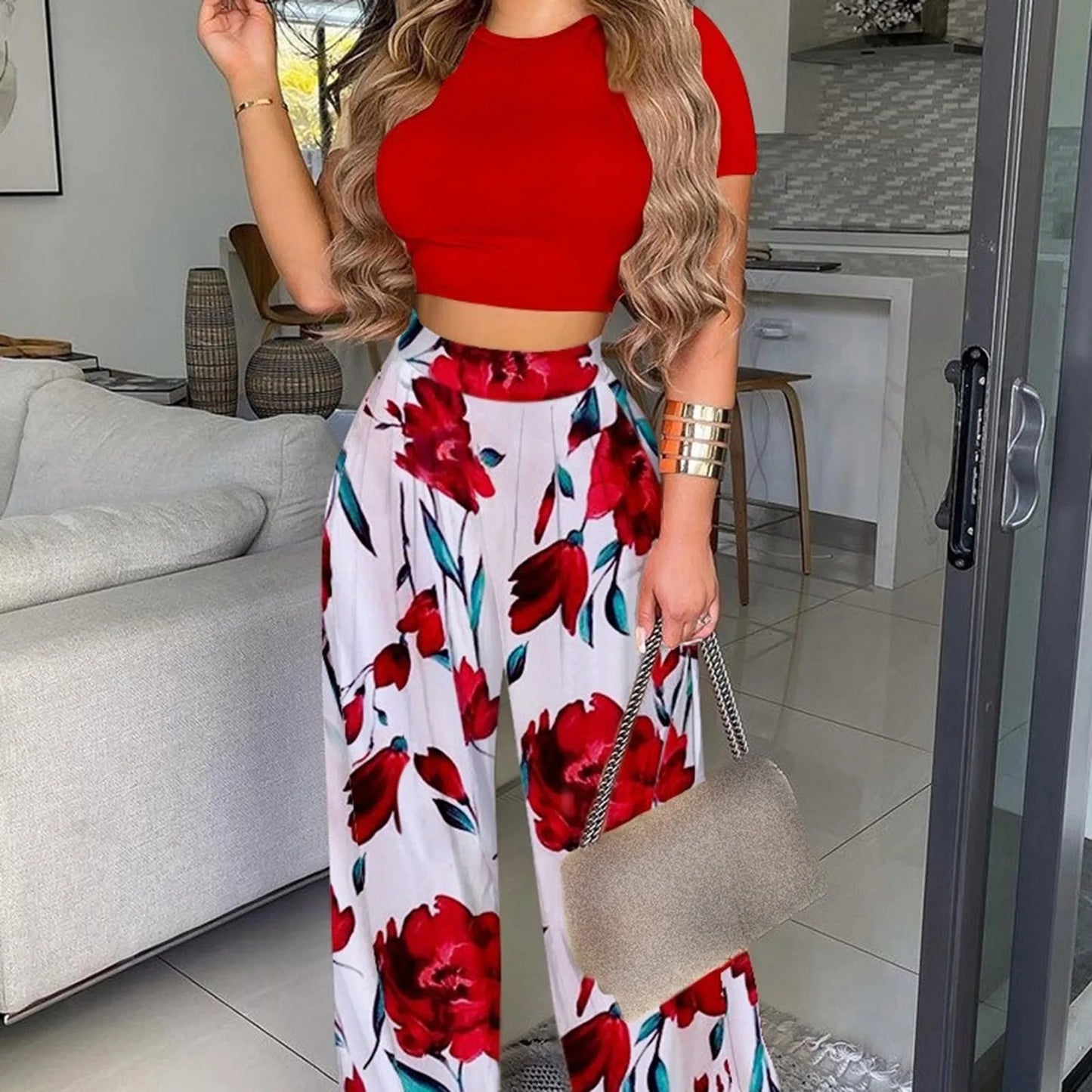 Maxy Summer Elegant Women Solid Casual Fitness Tracksuit Set Outfits Short Sleeve Crop Tops Trouser Flare Pants 2 Two Piece Set