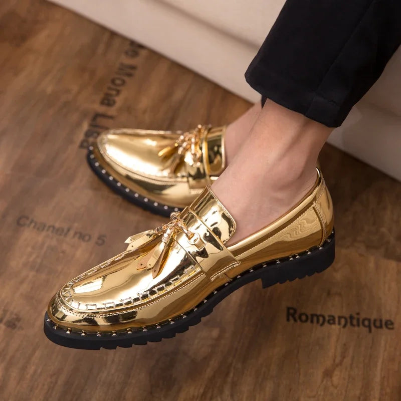 Amay Men's Dress Shoes Gold Glitter Brand Formal Shoes Italian Leather Luxury Fashion Wedding Brogue Shoes Men Oxford Big Size 38- 46