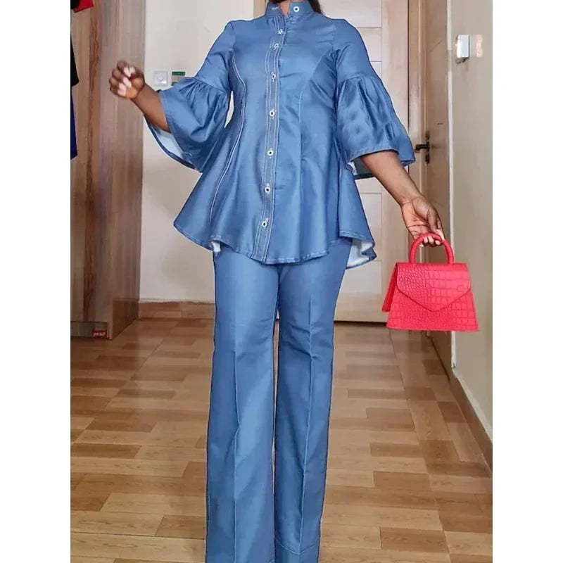 Babs Spring Fashion Denim 2 Piece Sets Women Outfit Solid Color Flare Sleeve Button Stand Collar Shirt Top Straight Pants Causal Suit