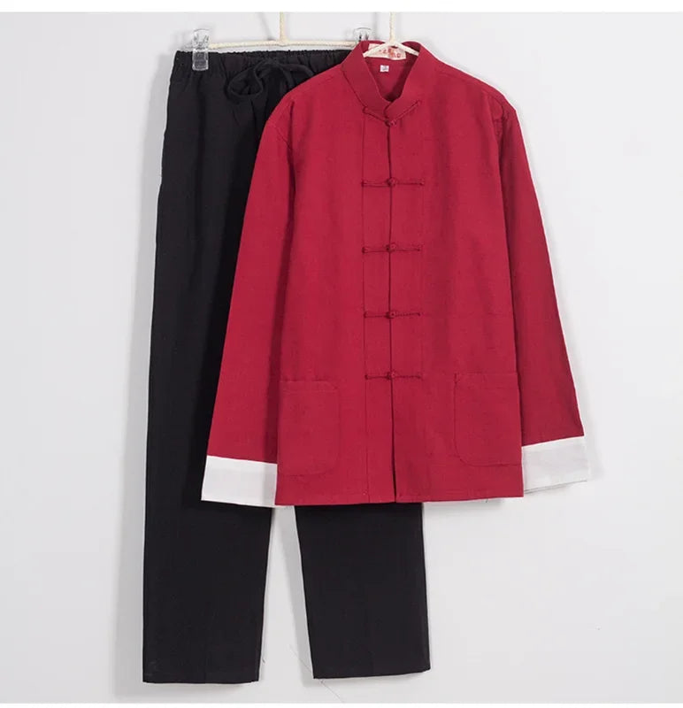 Maxy Traditional Chinese Style Men Cotton Linen Tops Pants Hanfa Tang Suit Kung Fu Tai Chi Uniform Oriental Fashion Clothing Sets