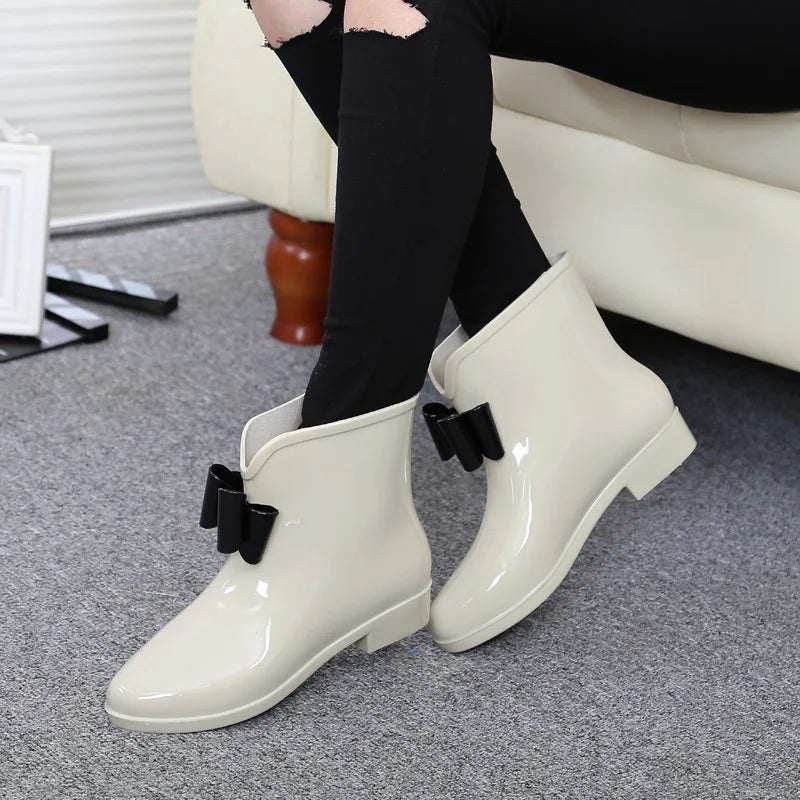 Maxy Women Flower Bowtie Ankle Boot Winter Rain Boots Female Waterproof Solid Rubber Platform Rain Shoes Ladies Footwear