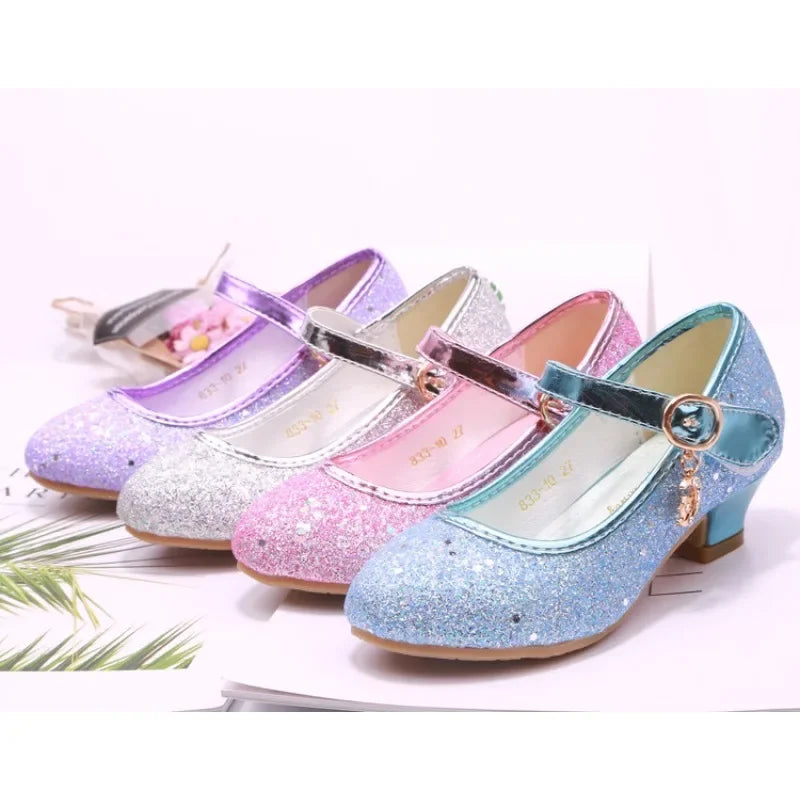 Amay Children Princess Shoes student dance shoes for Girls High Heel Sandals Dress Purple Kids Leather Glitter Crystal Shoes Banquet