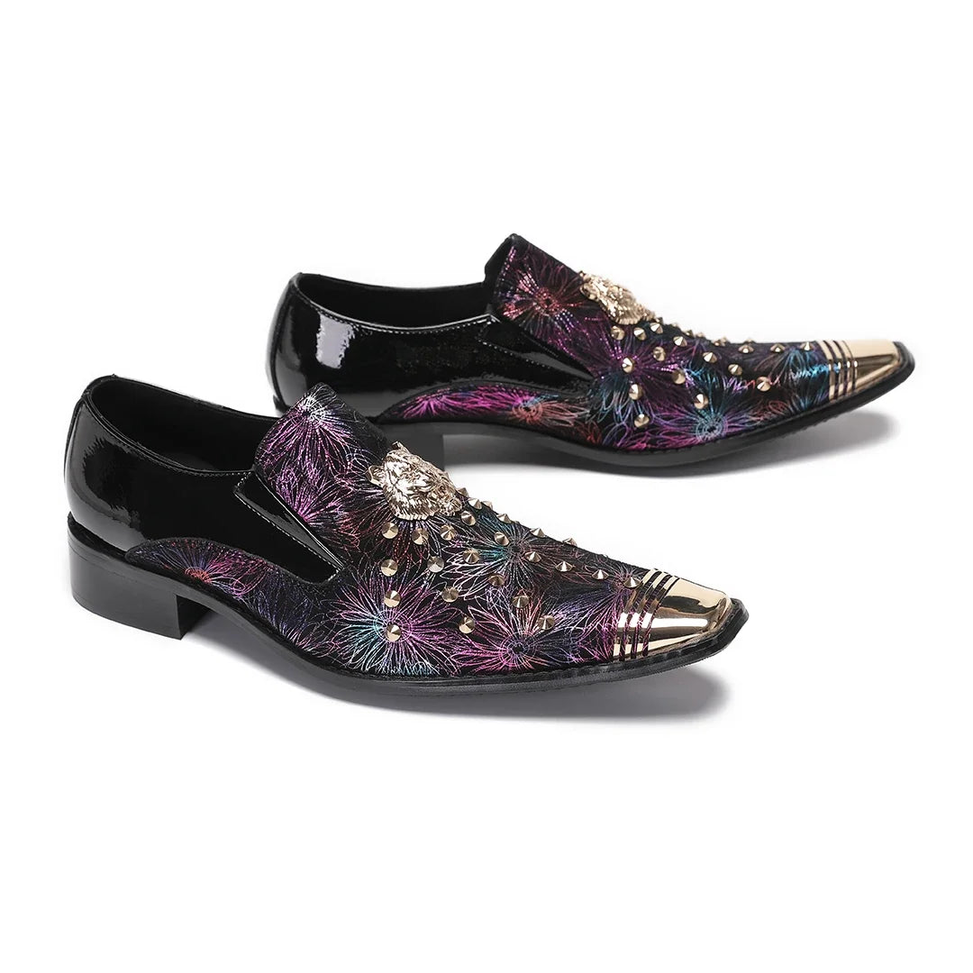 Maxy Fashion Rivet Prints Business Formal Shoes Luxury Design Metal Pointed Toe Genuine Leather Shoes Male Handmade Party Dress Shoes