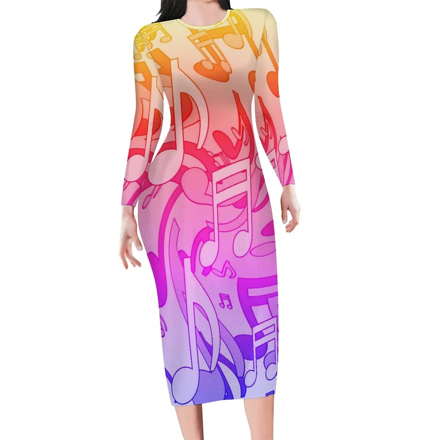 Amay Rainbow Music Notes Dress Long Sleeve Retro Print Kawaii Dresses Autumn Ladies Aesthetic Custom Bodycon Dress 3XL 4XL 5XL