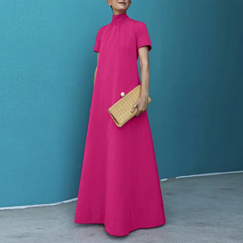 Maxy Summer High Collar Kleid Robes Casual Loose Party Long Dresses Women Short Sleeve Maxi Dress Elegant Solid dress