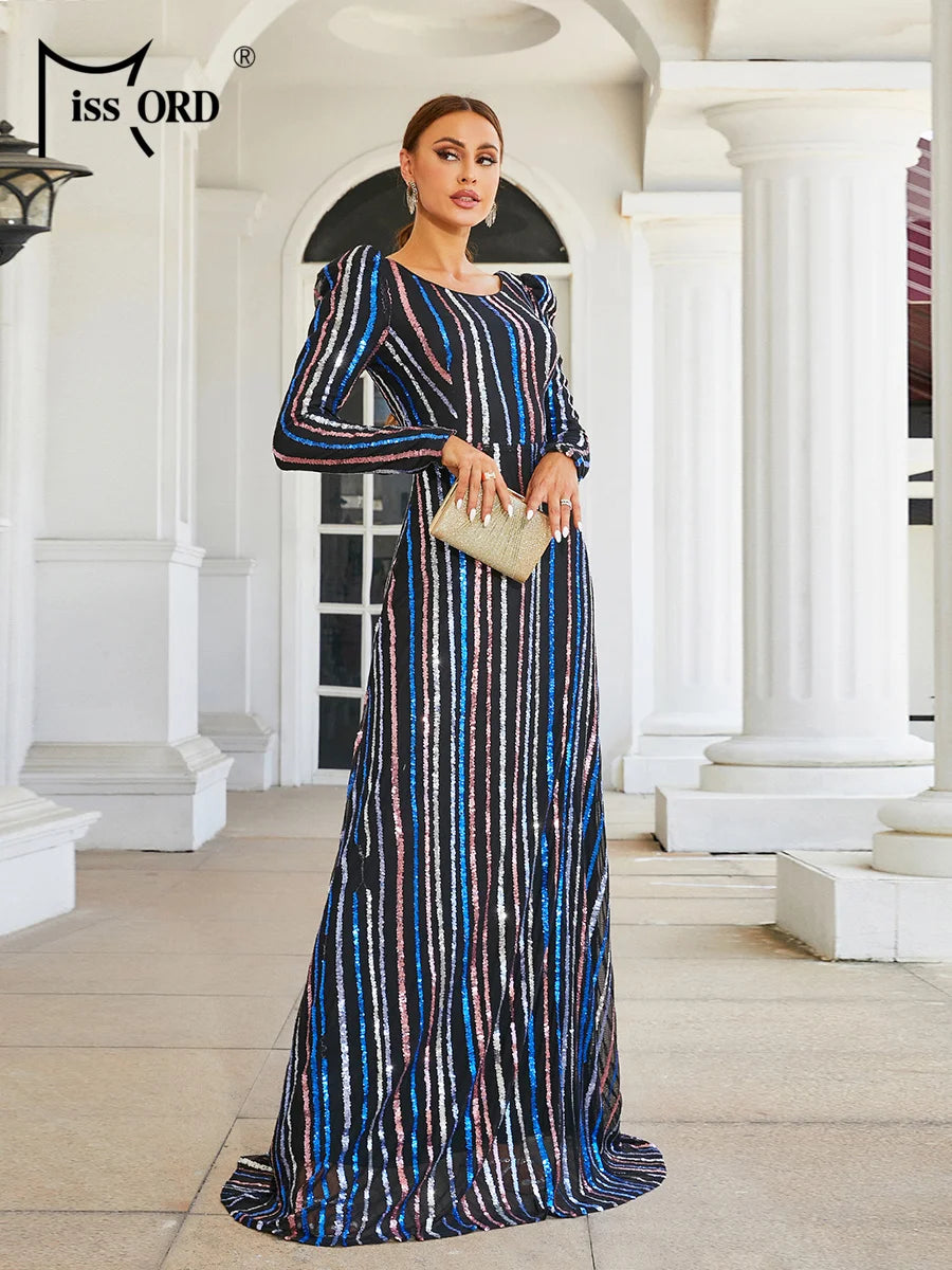 Missord 2024 New Round Neck Long Sleeved Striped Sequin Evening Wedding Birthday Party Maxi Dress