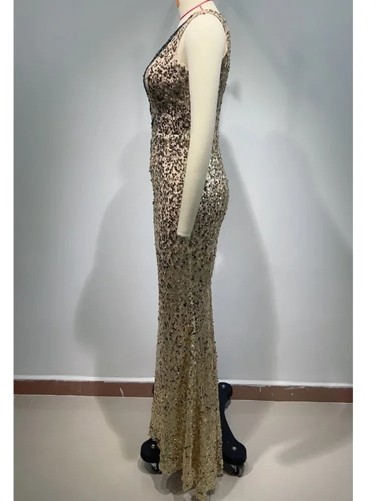 Maxy Ready Dress Women Luxury Gold Sequines Gilliter Sparky Green Leaf Embroidery SlimLong Birthday Celebrity Evening Gowns