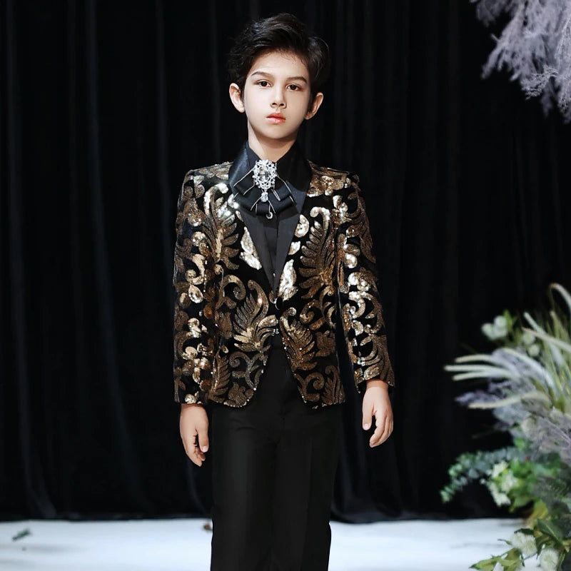 Visco Shiny Sequins Formal Flower Boys Wedding Suit Children Evening Dress Host Party Piano Performance Pageant Dresses Teen Clothing