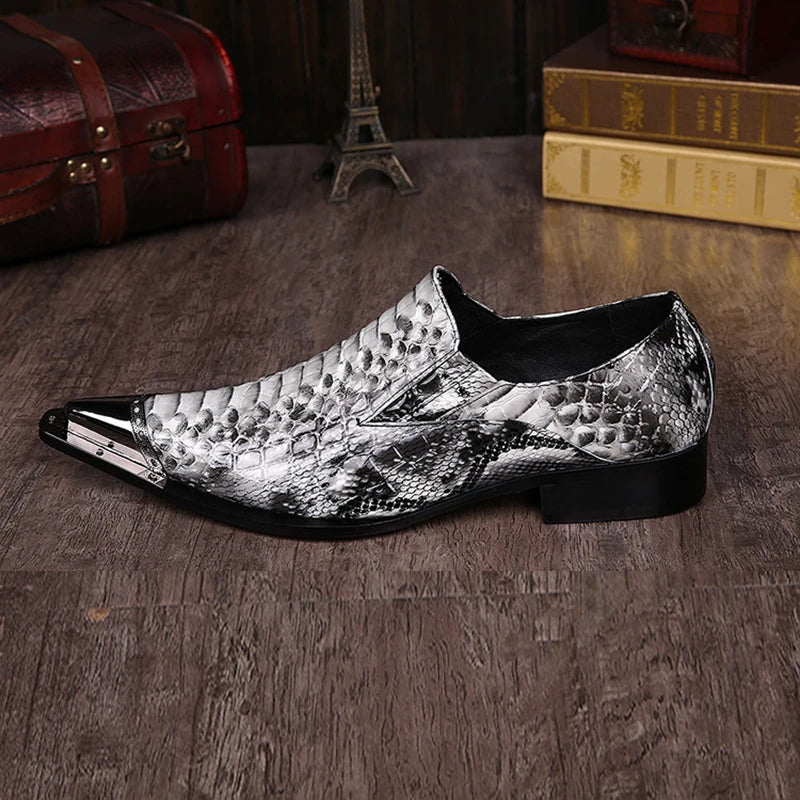 Visco Italian Style Men's Shoes Pointed Iron Toe Fashion Snake Pattern Leather Dress Shoes Men Formal Business/Party Shoes