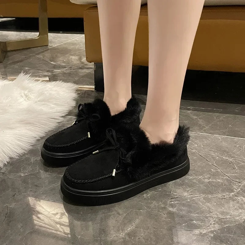 Maxy Winter Women's Cotton Flat Shoes Moccasins Femme Warm Plush Loafers Comfy Fur Flats Woman Large Size 35-43 Platform Furry Boots