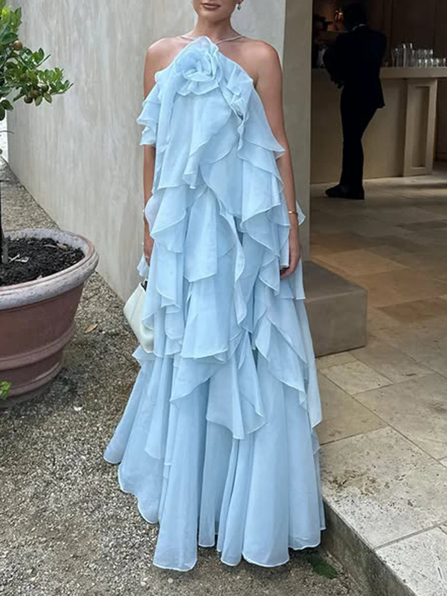 Maxy TWOTWINSTYLE Solid Spliced Ruffles Elegant Dresses for Women Halter Sleeveless High Wasit Backless Loose Dress Female Fashion