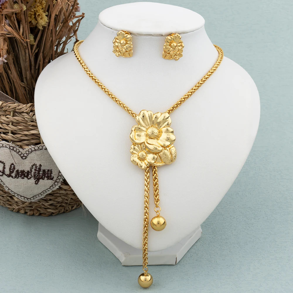 Maxy New Fashion Gold Plated Jewelry Set Pendant Necklace Drop Earrings for Women Adjustable Chain Party Bohemia Jewelry