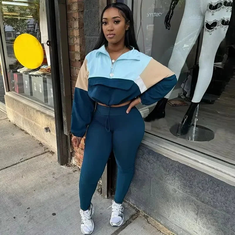 Maxy Sporty Casual Two Piece Set for Women Sweatsuit Fall Winter Patchwork Sweatshirt Top and Pants Running Tracksuit Joggings Femme